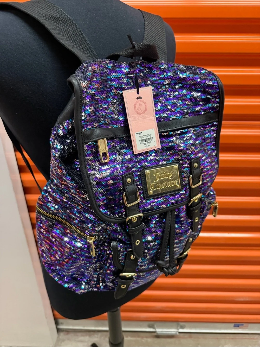 NWT Juicy Couture Purple Sequin Backpack with Black Trim and Gold Hardware